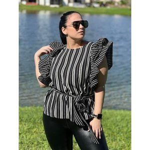 Women's Plus Size Dress Shirts Casual Flowy Stripe Ruffle Top Fitted Black 1X